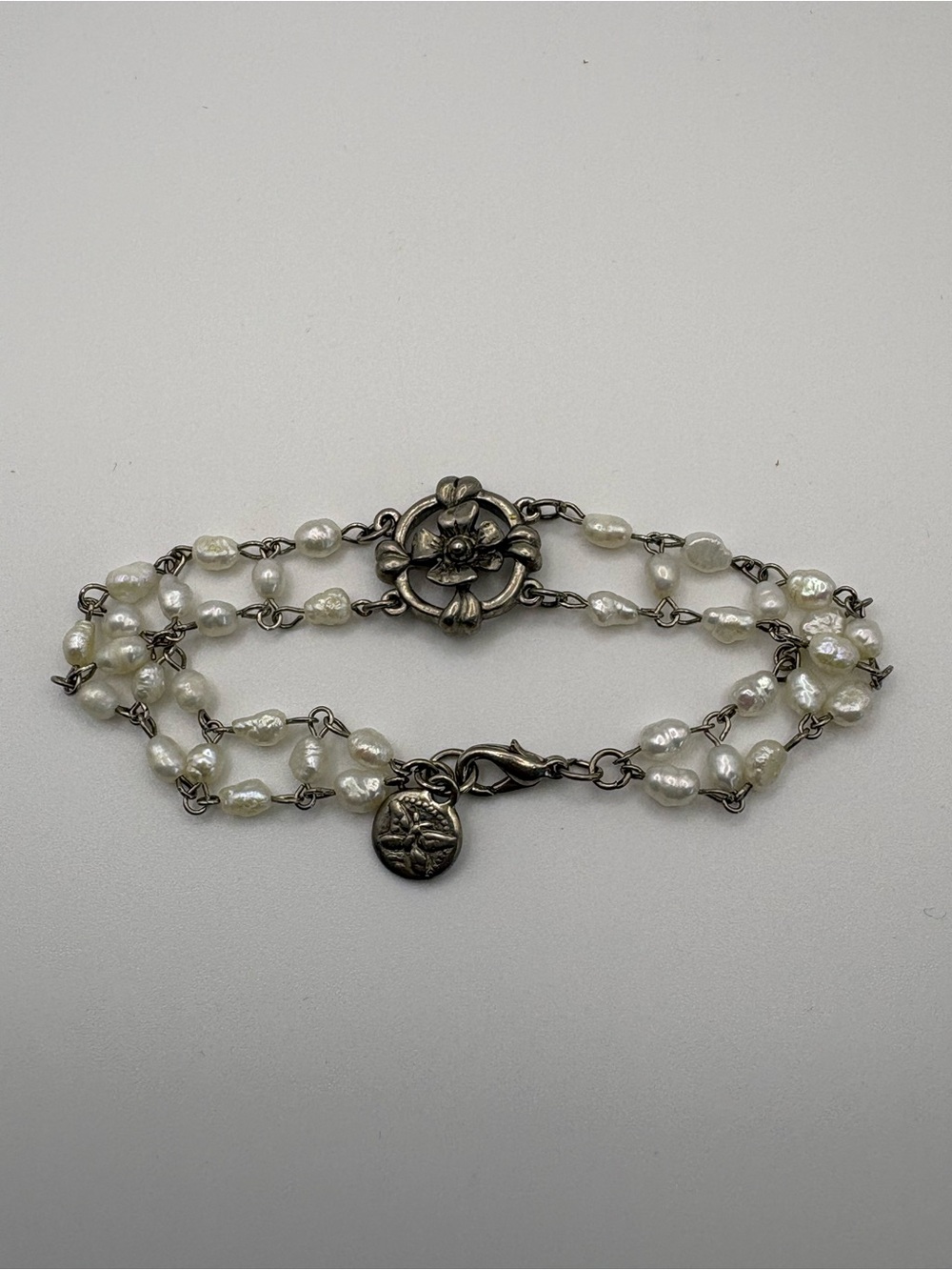 (271)Double-Strand Freshwater Pearl Bracelet with Floral SilverTone Clasp